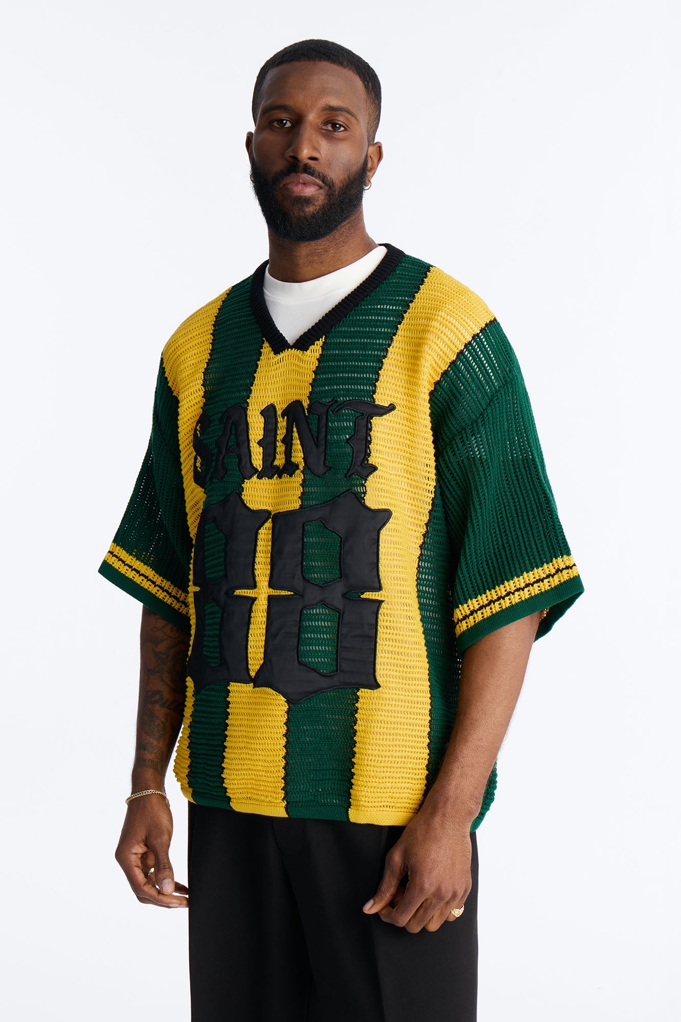 Saint 88 Cross Stripe Short Sleeve Knit Jersey - Yellow