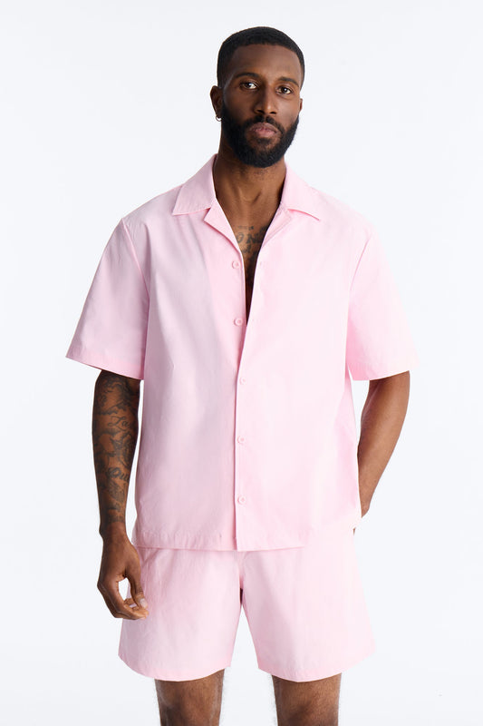 Montez Cuban Collar Button Up Shirt - Pink