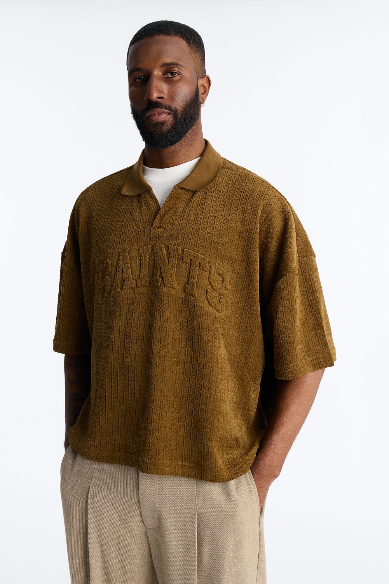 Boxy Cropped Lexington Saints Johnny Collar Polo - Brown