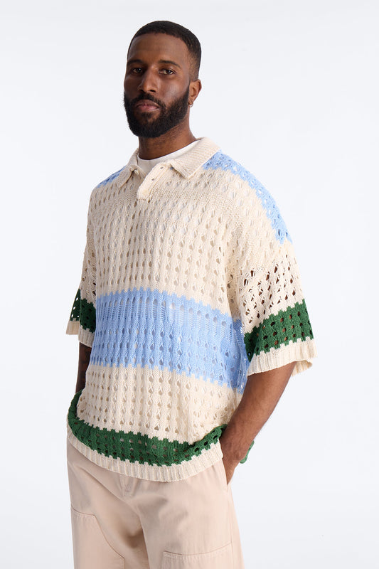 Weathered Stripe Knitted Polo - Light Blue