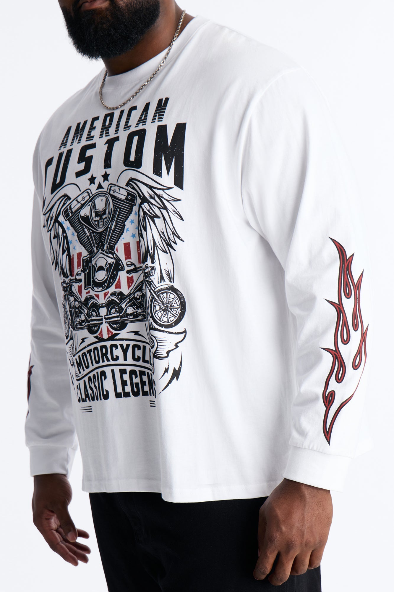 American Custom Motorcycle Oversized Long Sleeve Tee - White