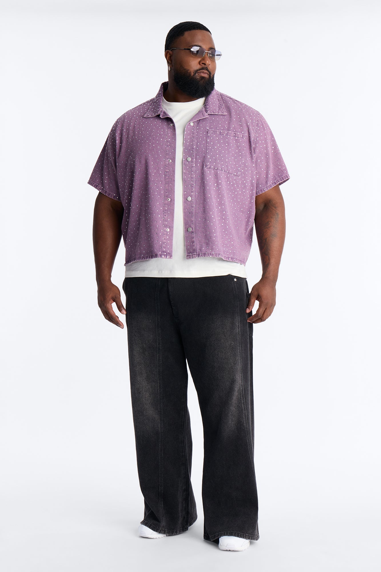 Cropped Embellished Denim Button Up Shirt - Purple
