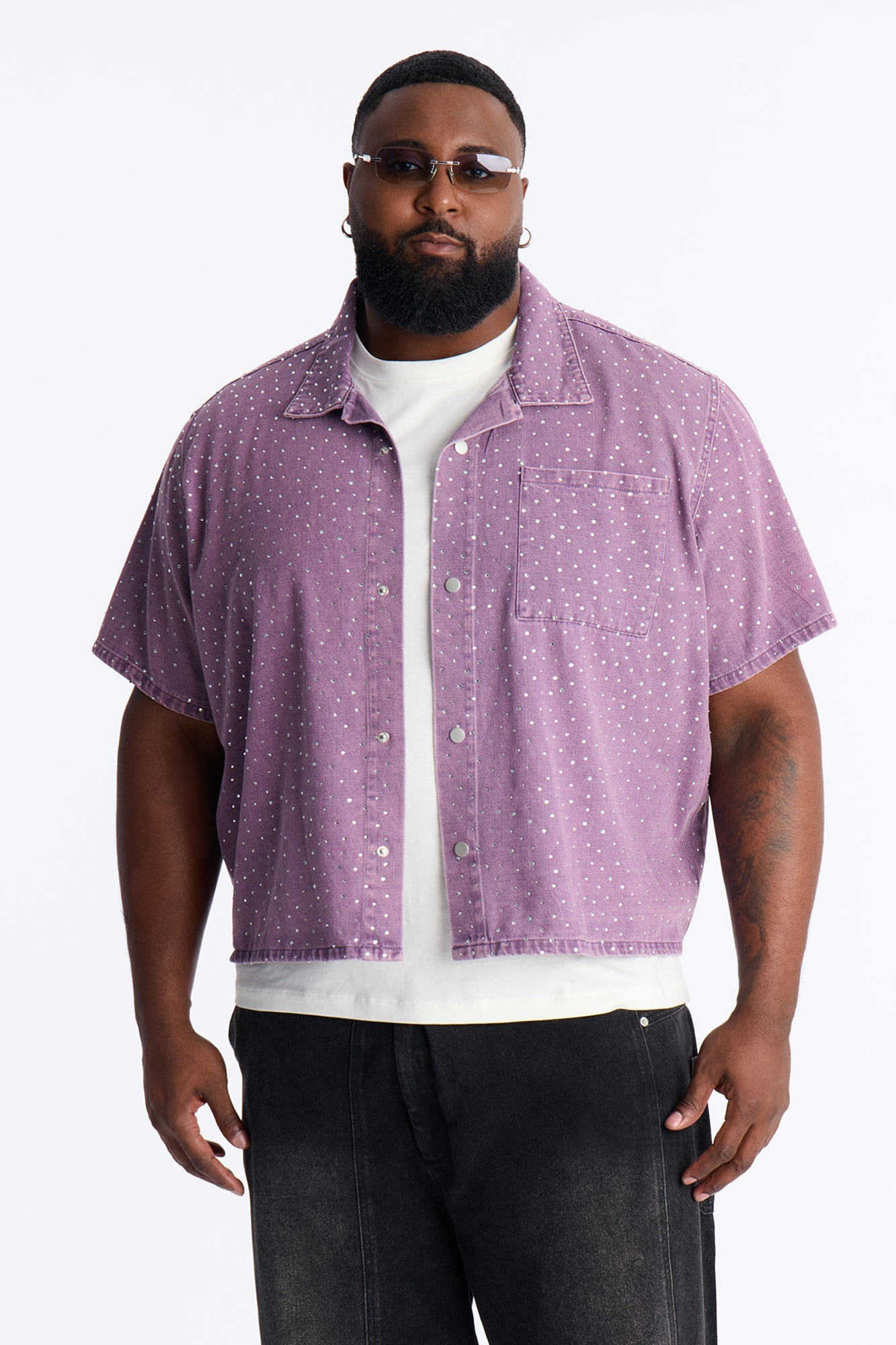 Cropped Embellished Denim Button Up Shirt - Purple