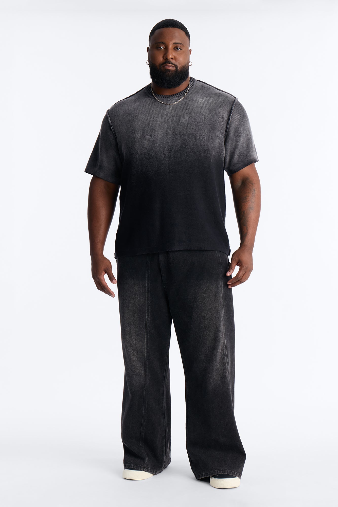 Slouch Ombre Crew Sweater Tee - Black