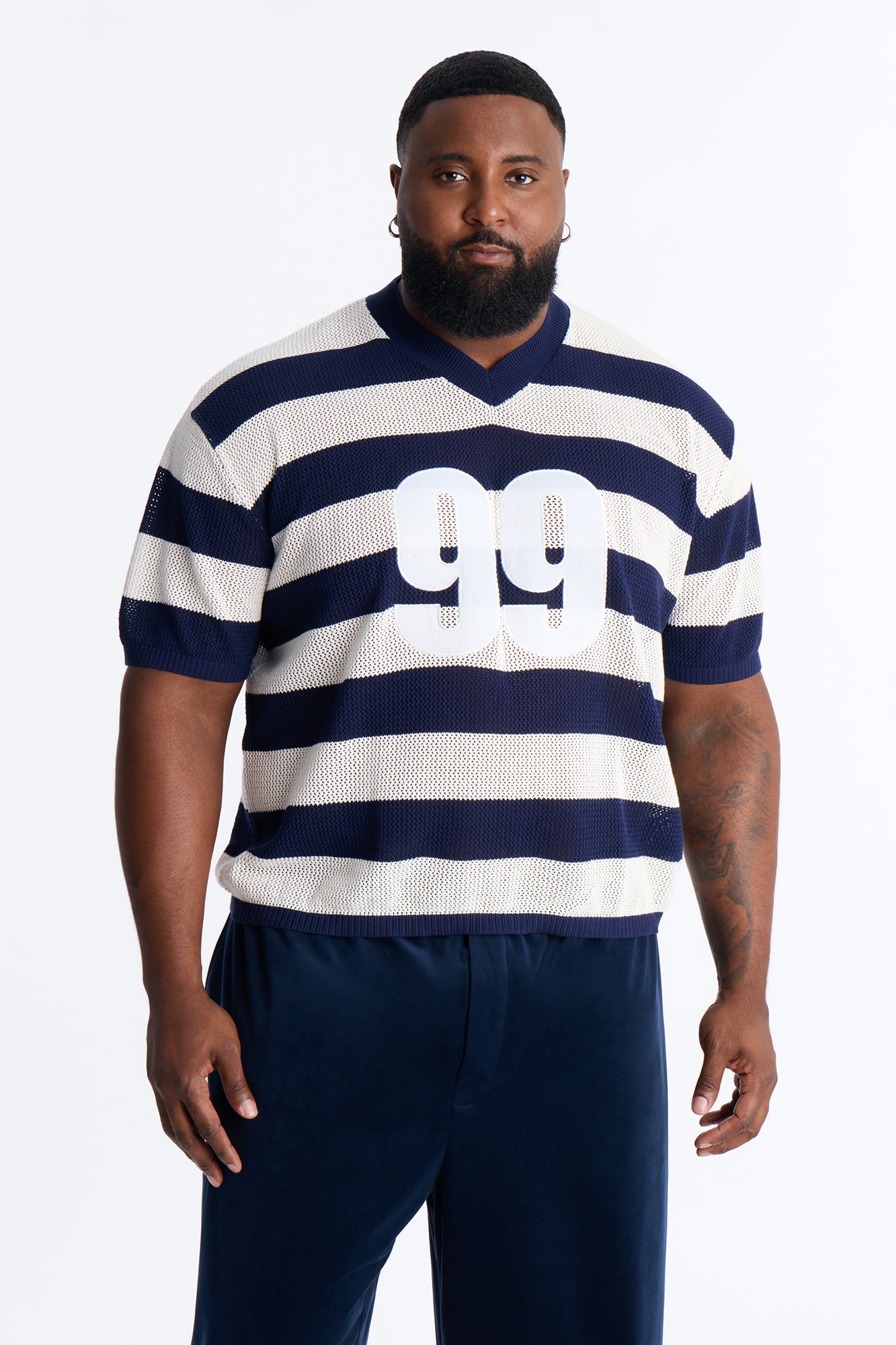 Short Sleeve Striped Crotchet Jersey - Navy