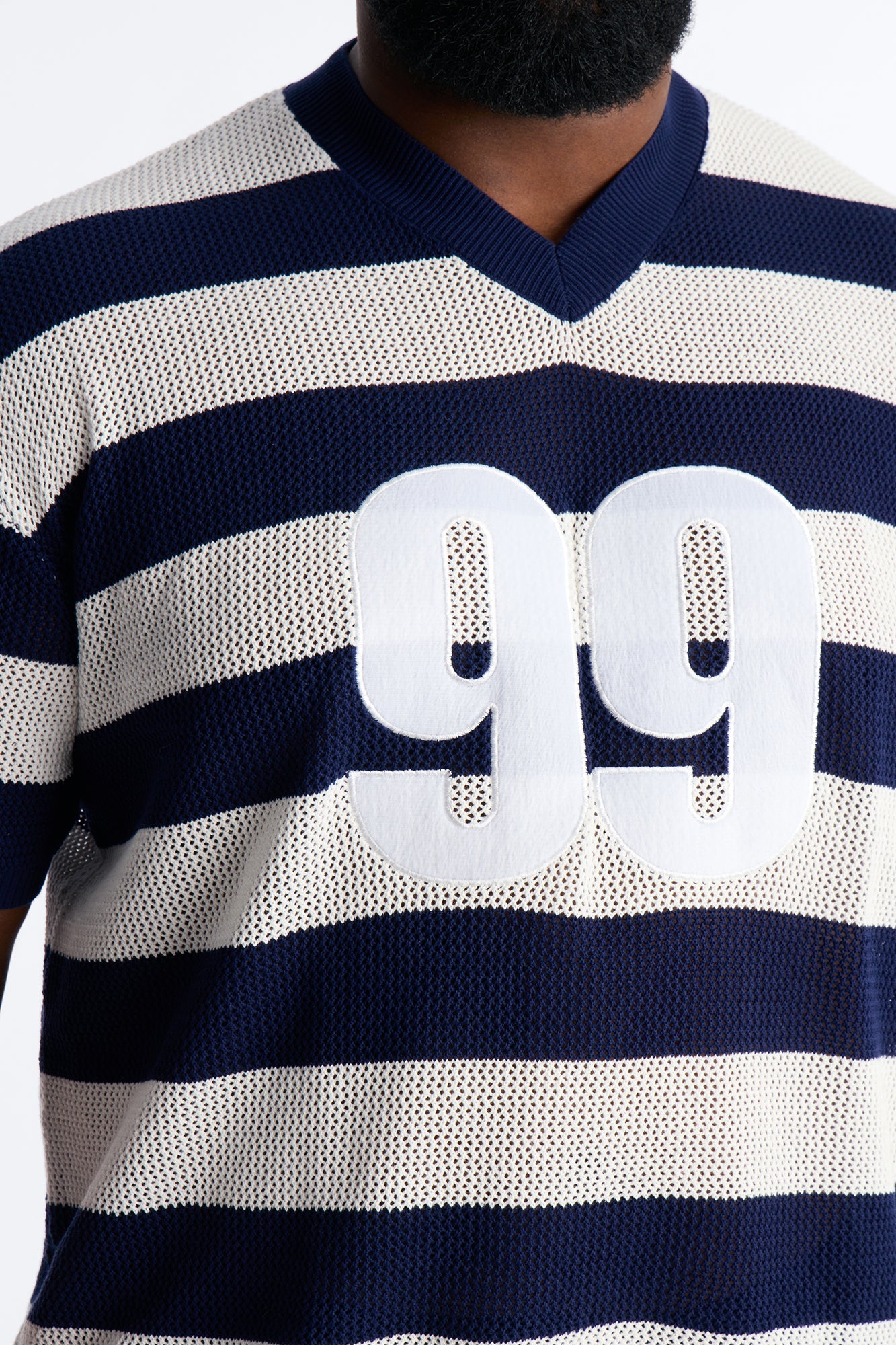 Short Sleeve Striped Crotchet Jersey - Navy