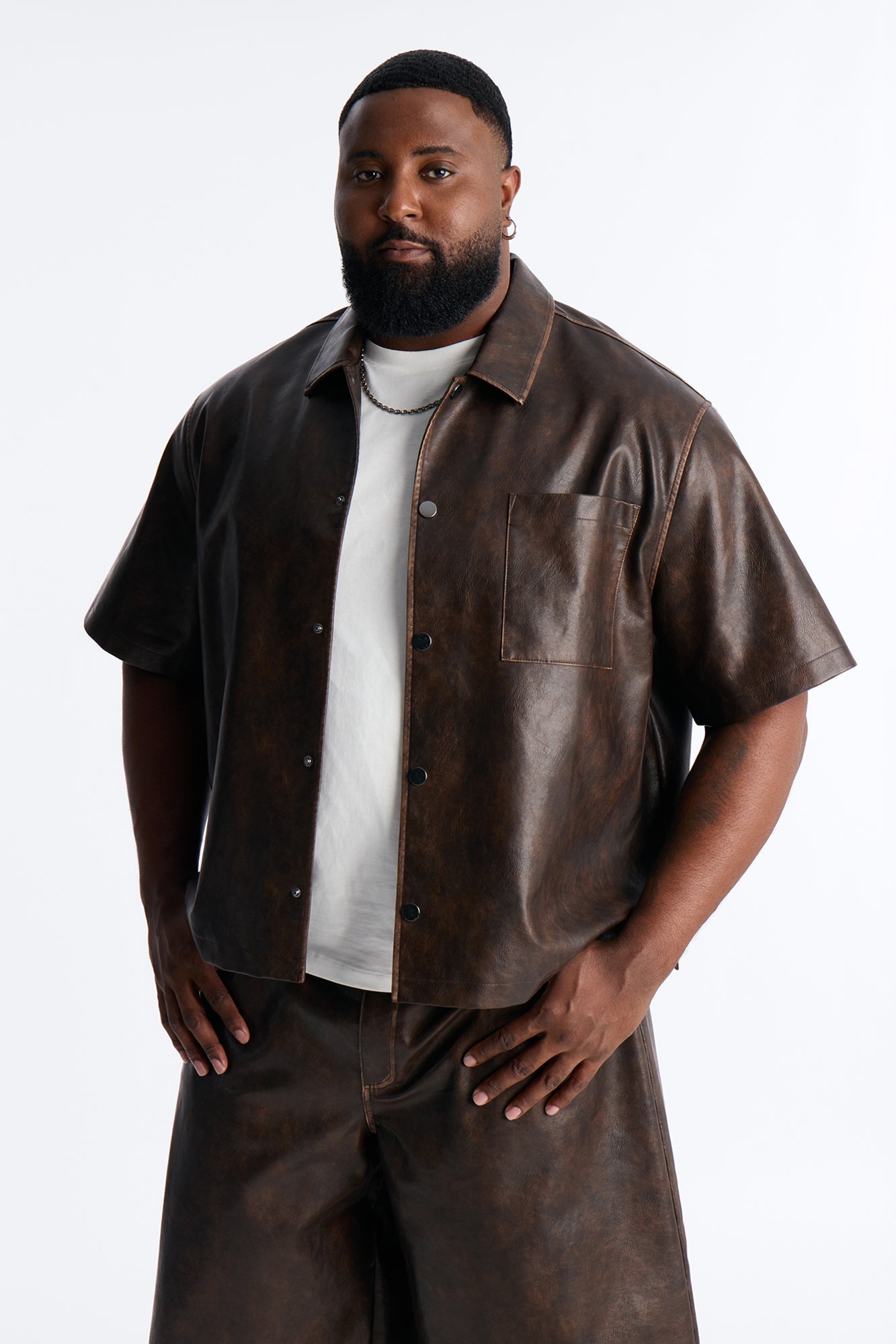 Cropped Relaxed Fordham Front Faux Leather Button Up Shirt - Brown