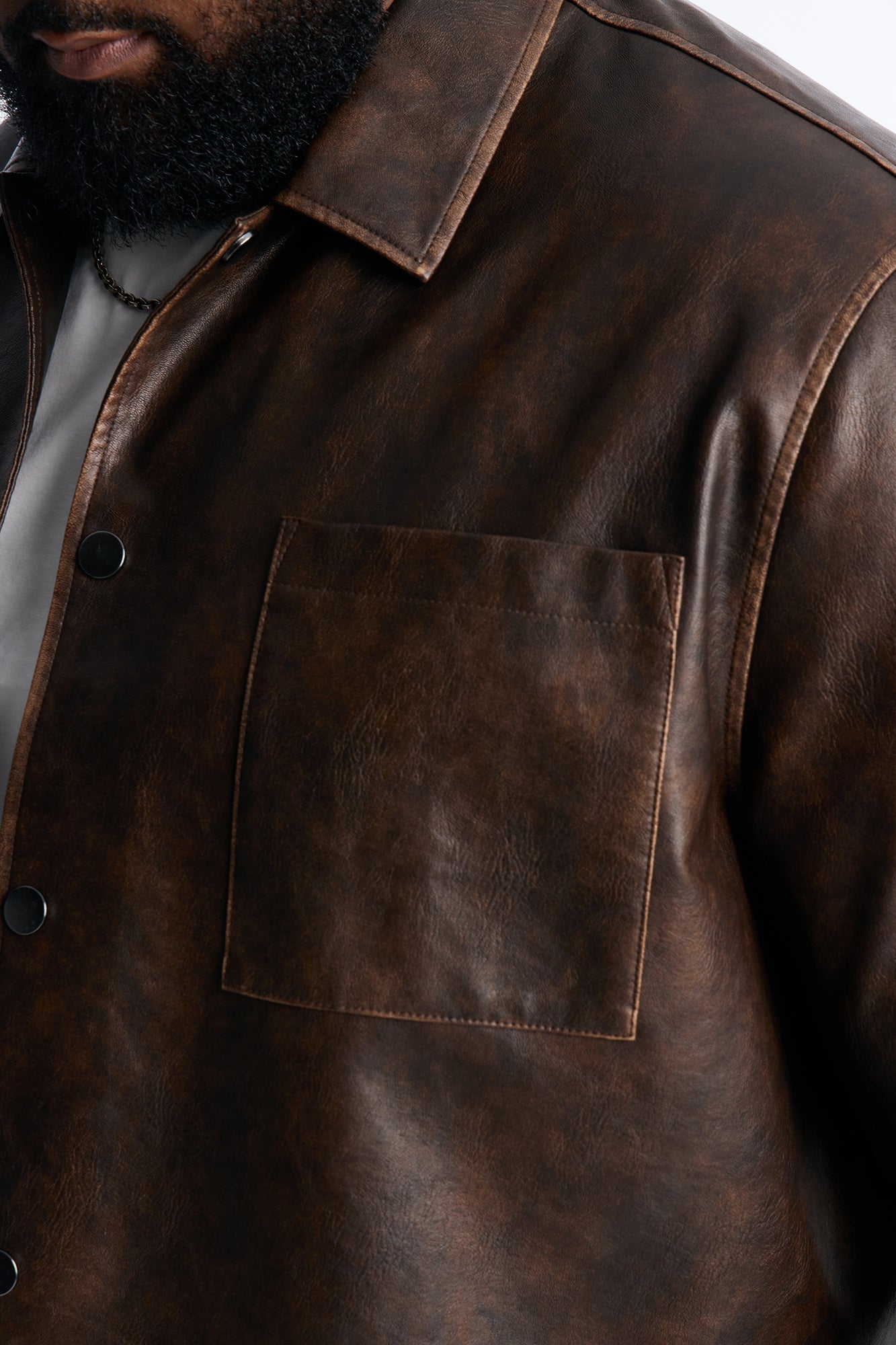 Cropped Relaxed Fordham Front Faux Leather Button Up Shirt - Brown