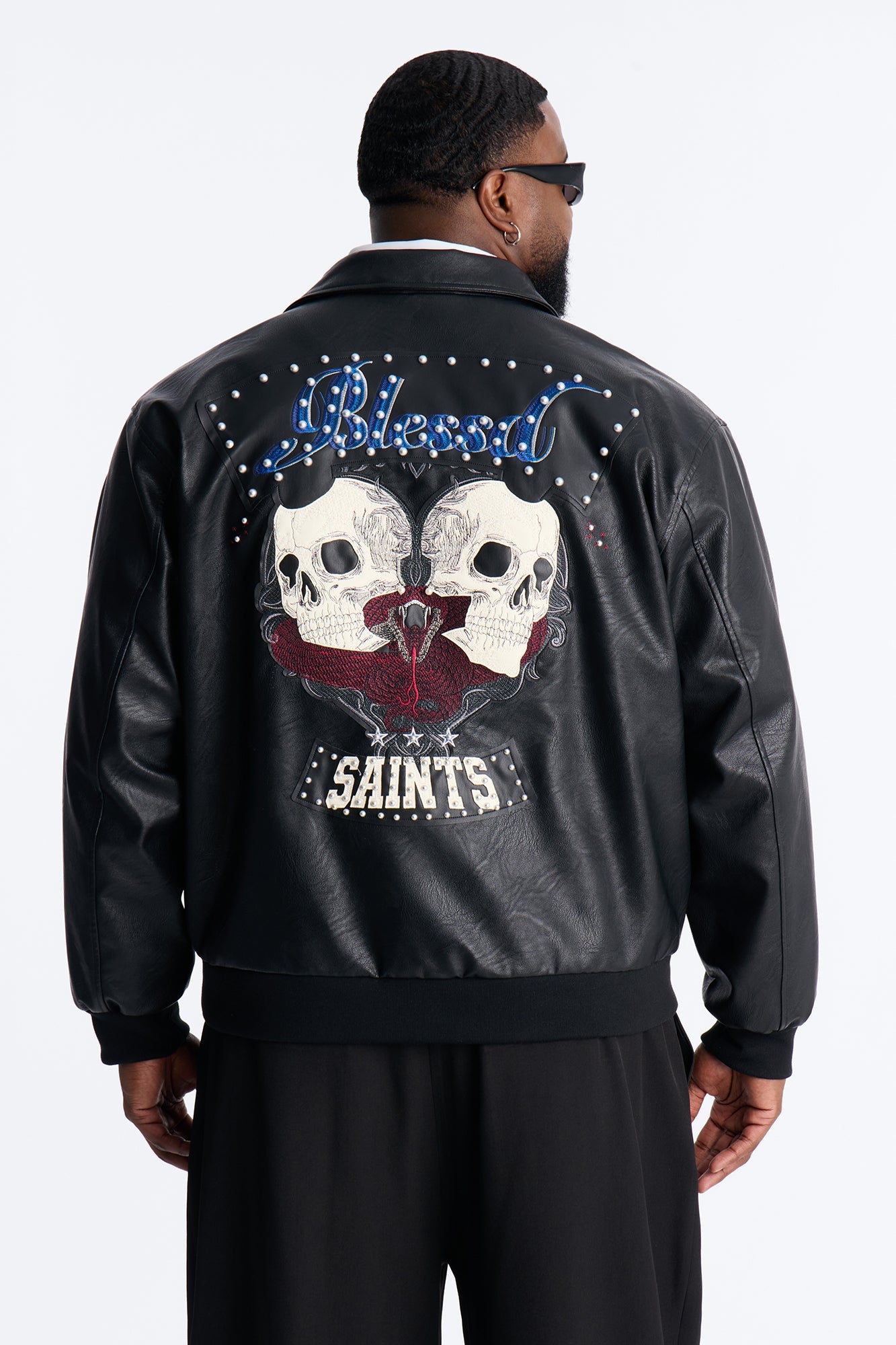 Crimson Blessed Faux Leather Studded Bomber Jacket - Black