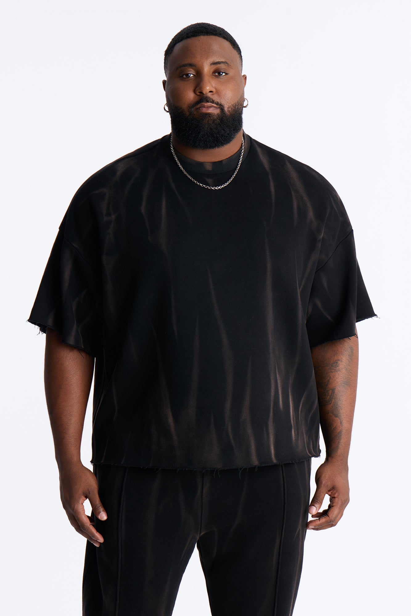 Oversized Bleach Washed Short Sleeve Fleece Tee - Black