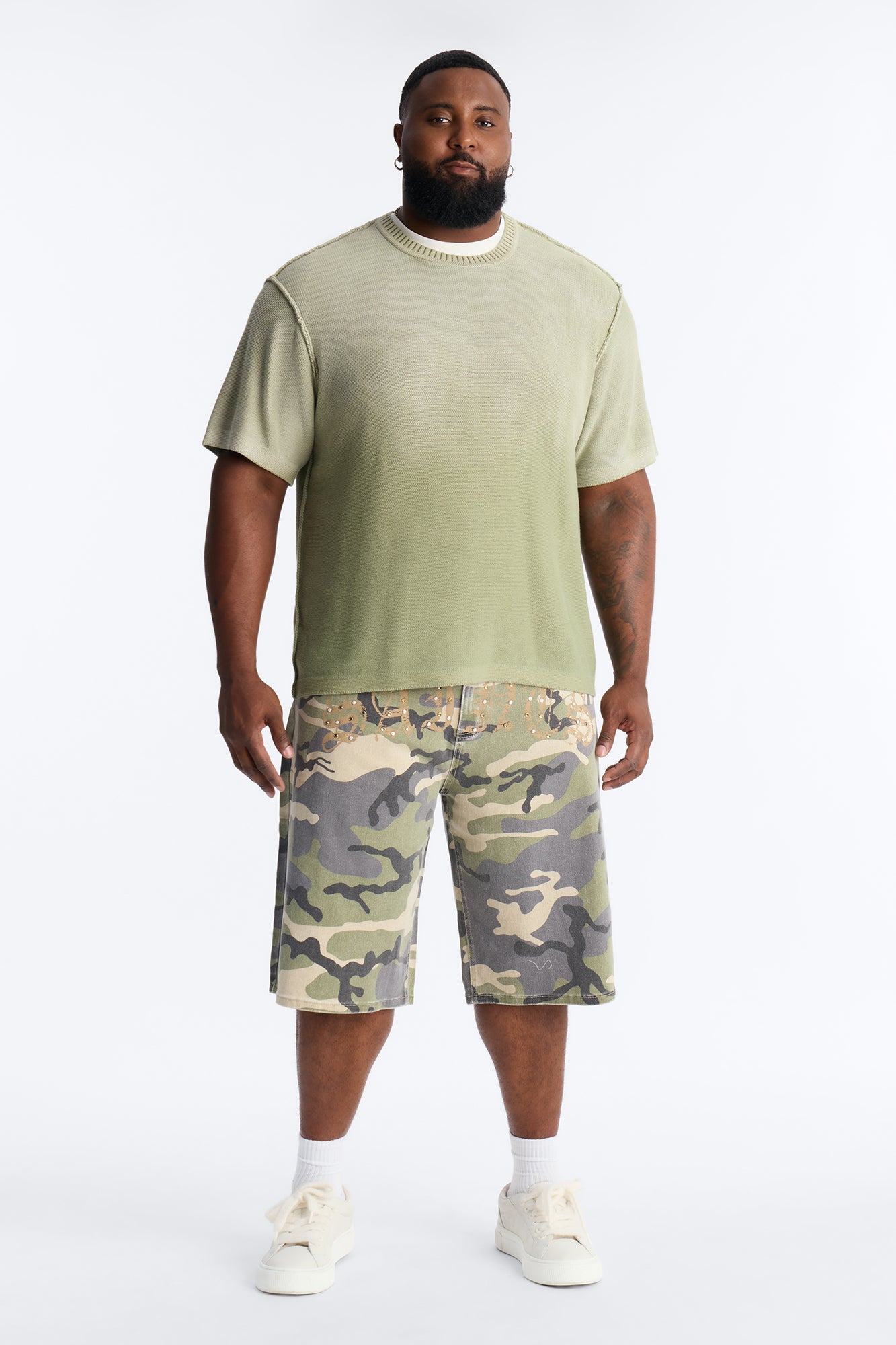 Relaxed Saints Embellished Camo Denim Shorts - Camouflage