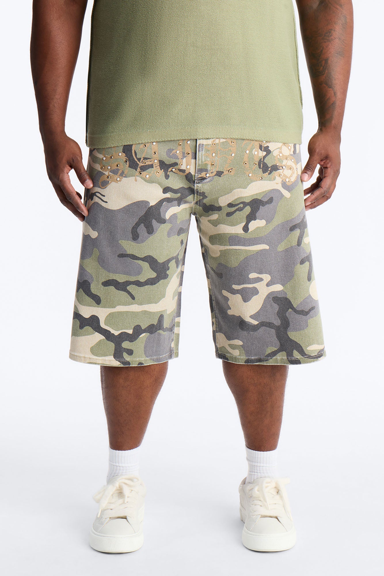 Relaxed Saints Embellished Camo Denim Shorts - Camouflage