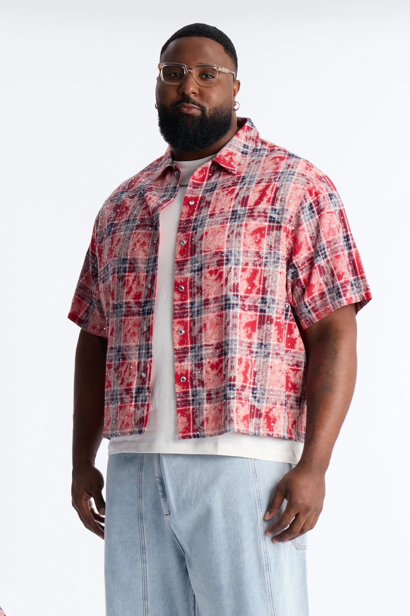 Rhinestone Rain Short Sleeve Plaid Flannel - Red