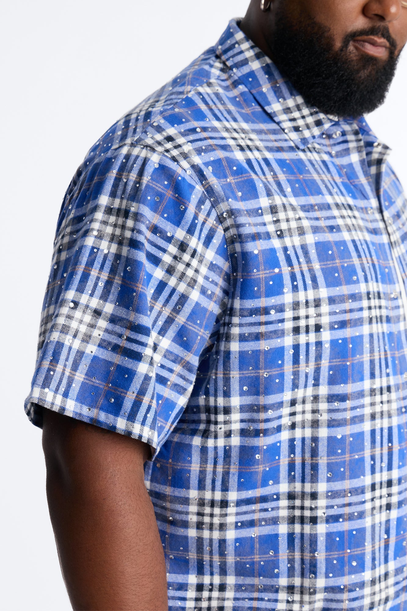 Rhinestone Rain Short Sleeve Plaid Flannel - Royal