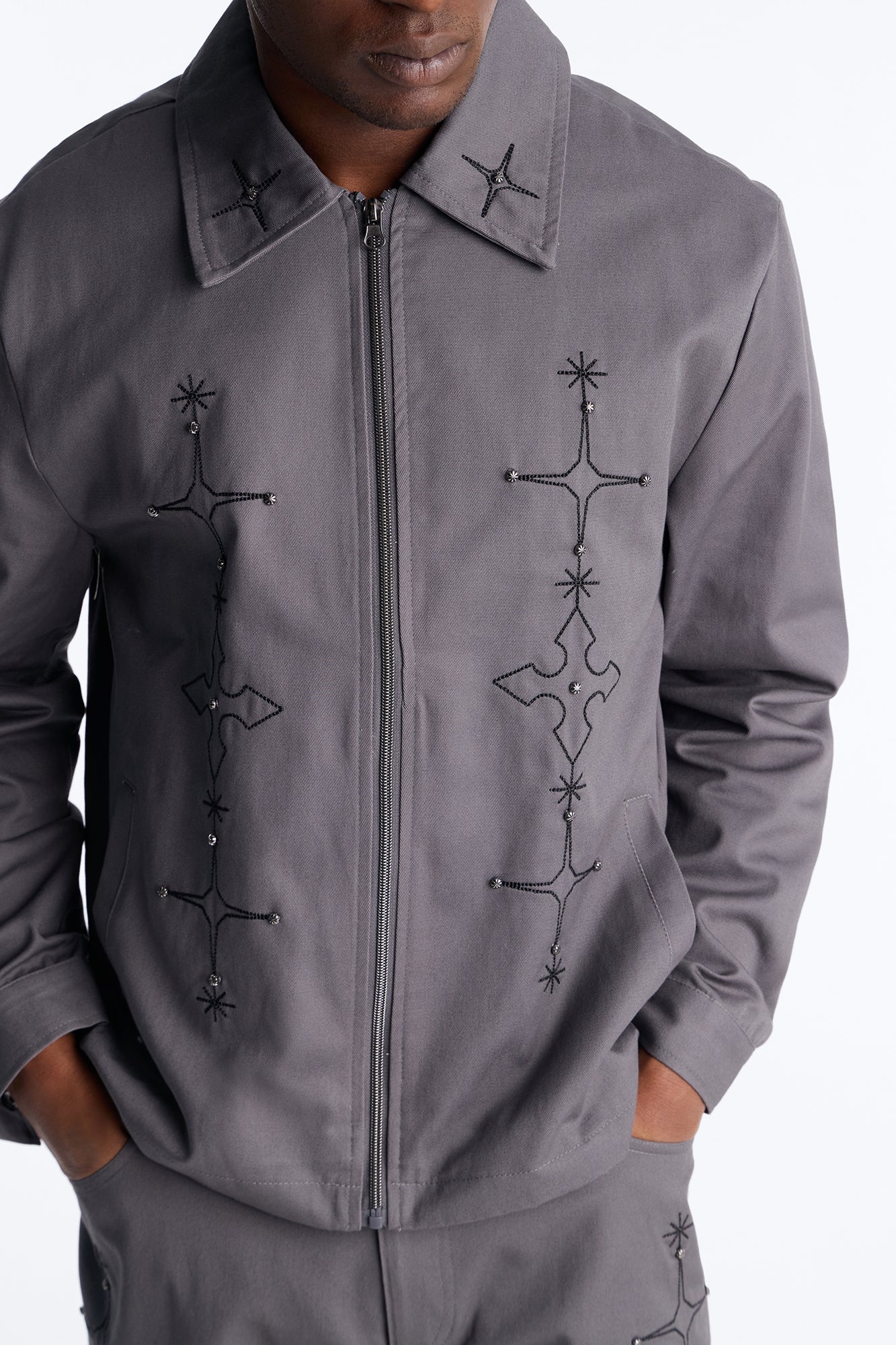 Vatican City Stitched Embellished Work Jacket - Grey