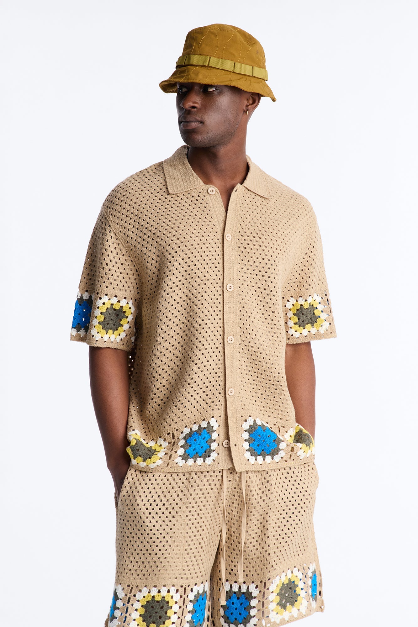 Relaxed Daisy Daze Crochet Button Up Shirt - Tan