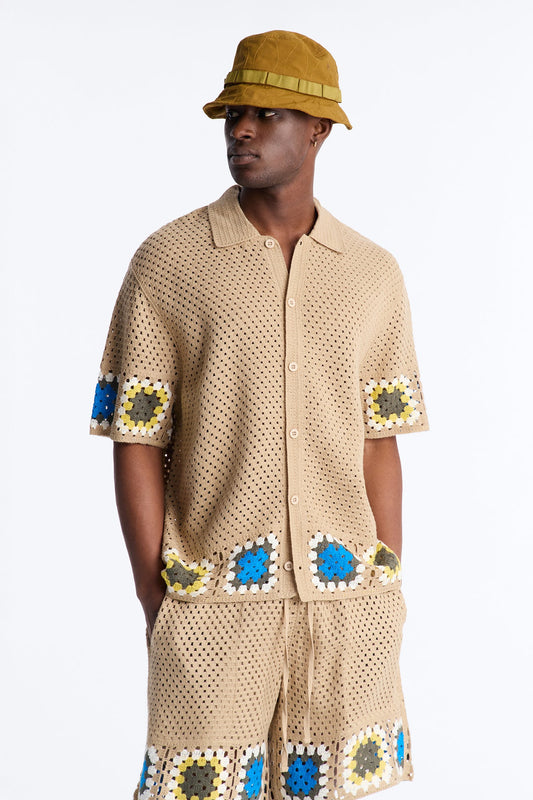 Relaxed Daisy Daze Crochet Button Up Shirt - Tan