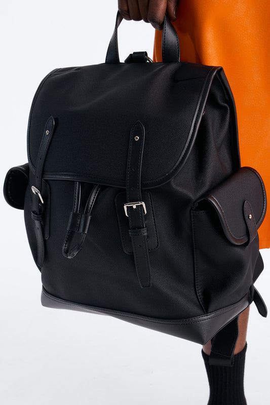 Canvas Dual Buckle Drawstring Backpack - Black