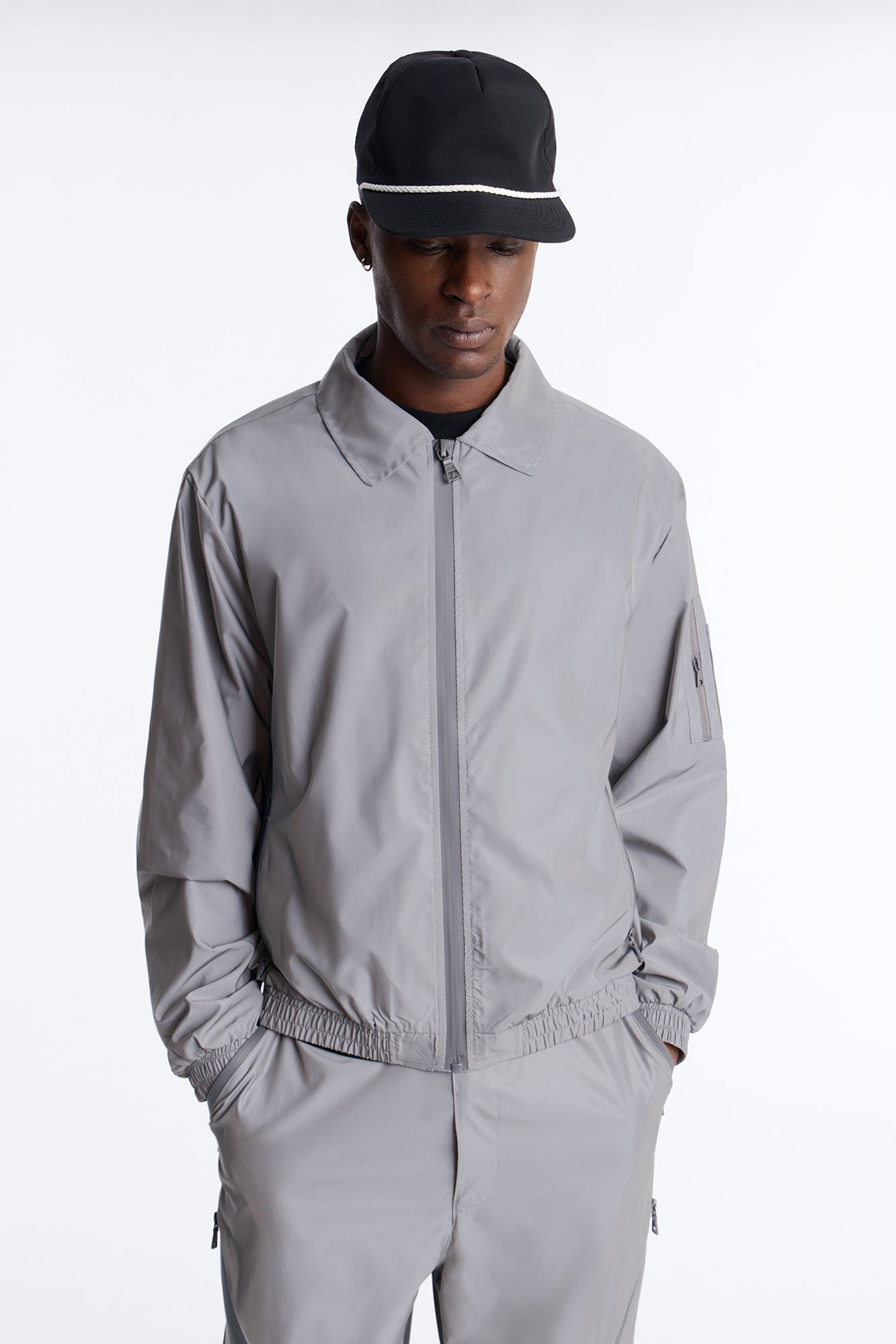 Cropped Relaxed Reflective Zip Bomber Jacket - Silver