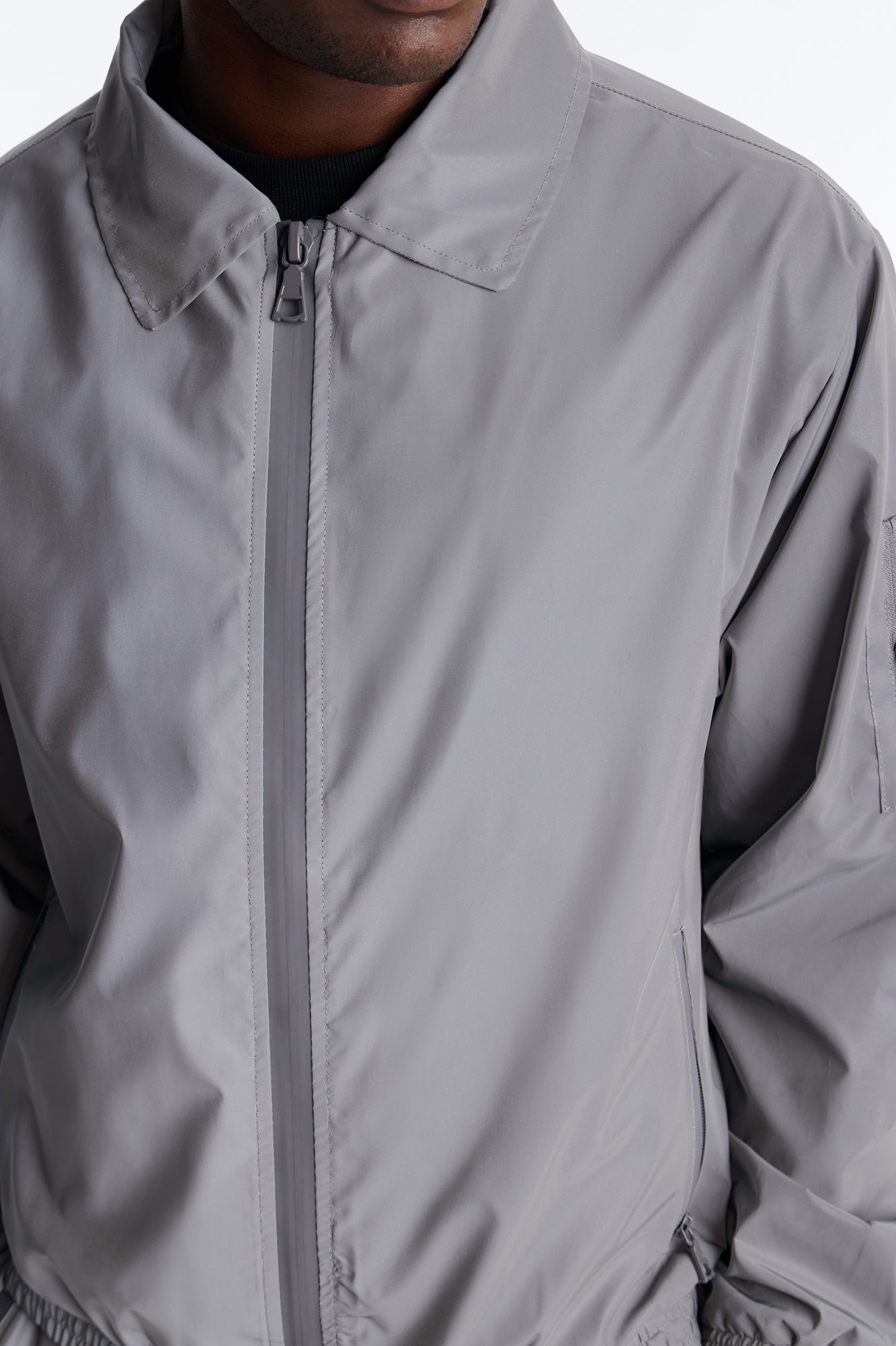 Cropped Relaxed Reflective Zip Bomber Jacket - Silver