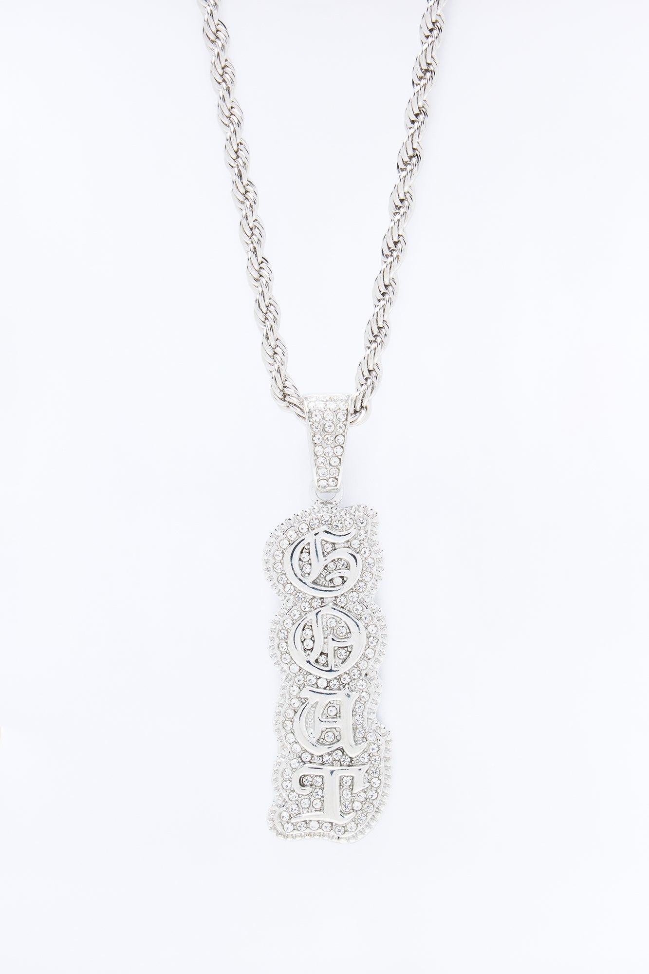 GOAT Script Vertical Iced Pendant Necklace - Silver