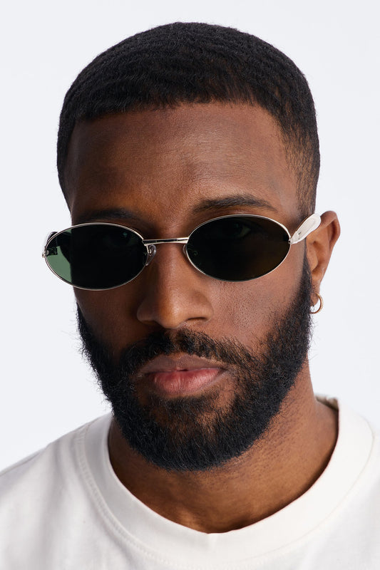 Vintage Oval Polished Metal Sunglasses - Silver/Green