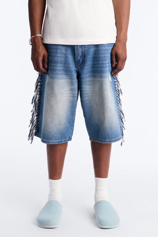 Baggy Rodeo Fringe Denim Short - Vintage Blue Wash