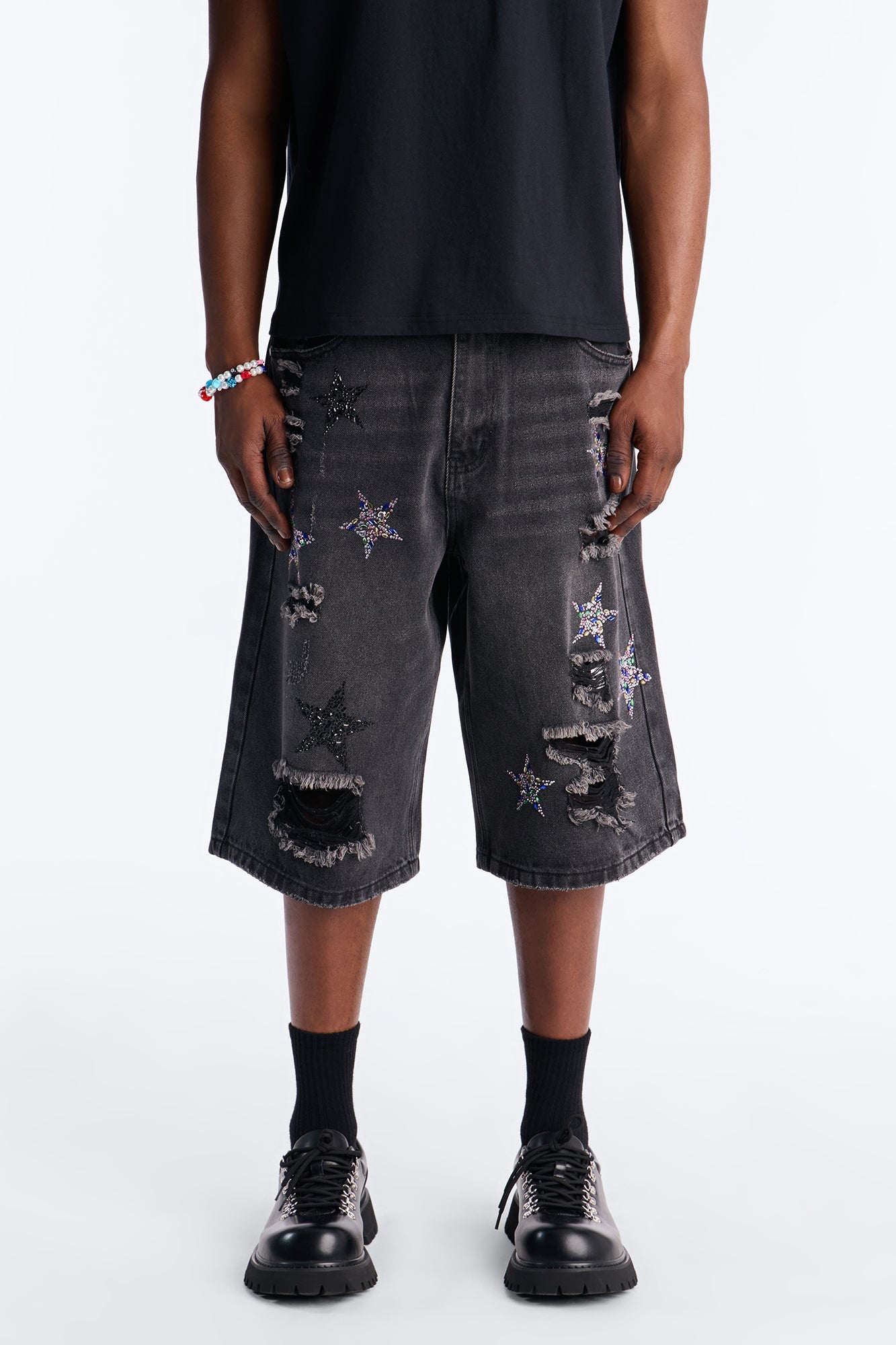 Cosmic Jeweled Baggy Denim Short - Black Wash