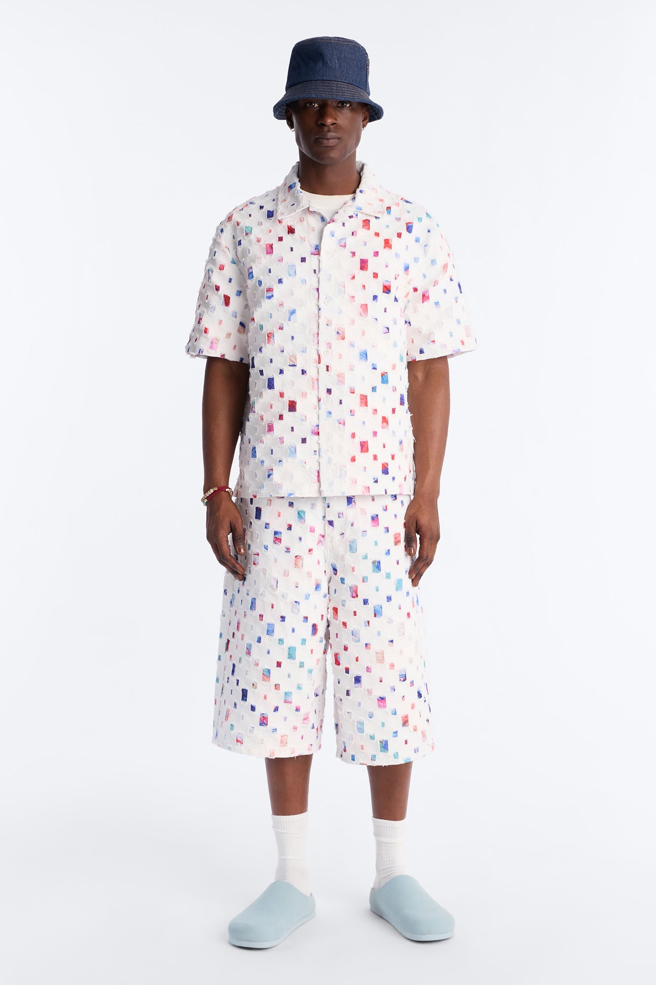 Cropped Watercolor Window Button Up Shirt - White
