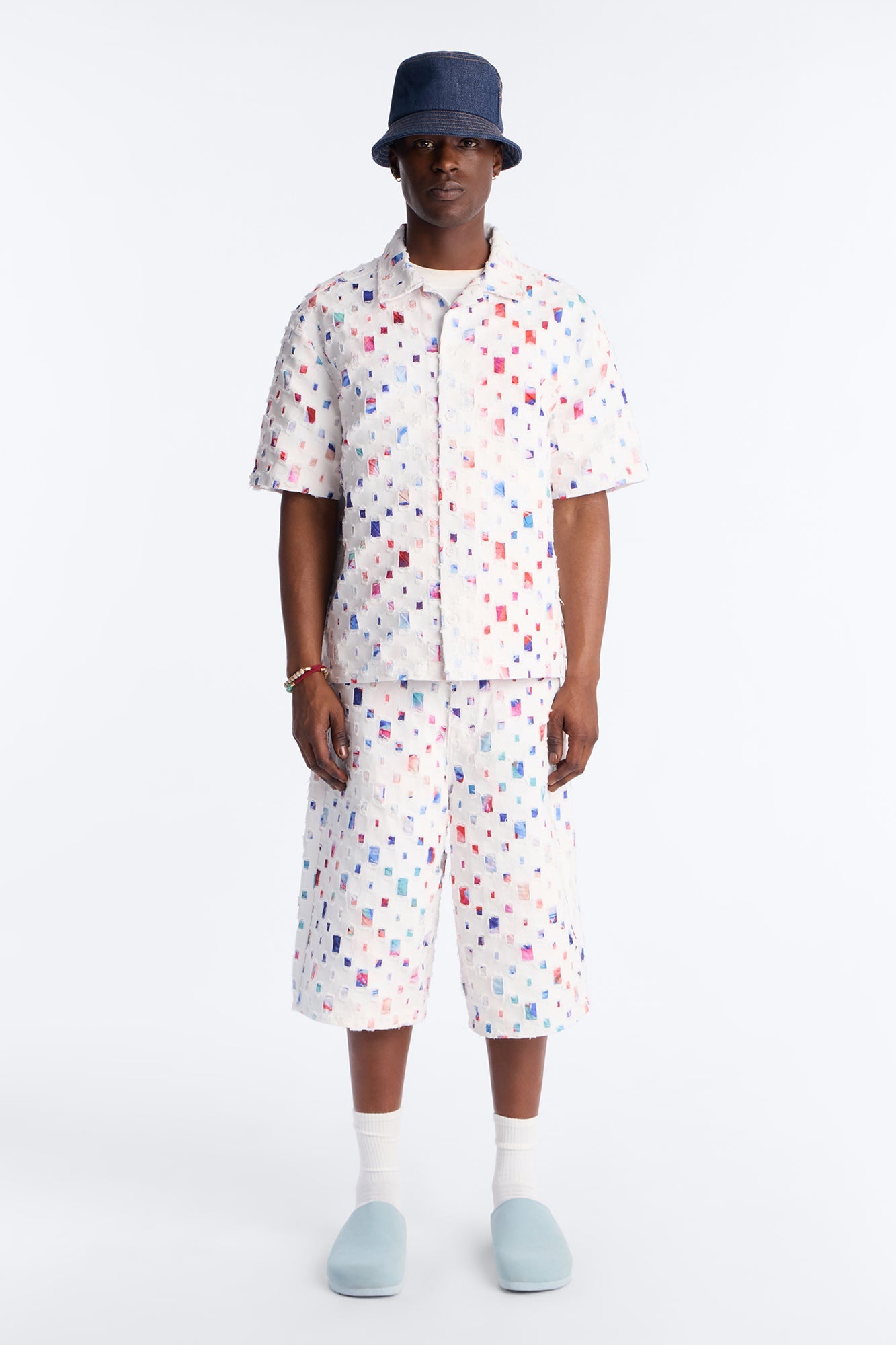 Baggy Watercolor Window Denim Short - White