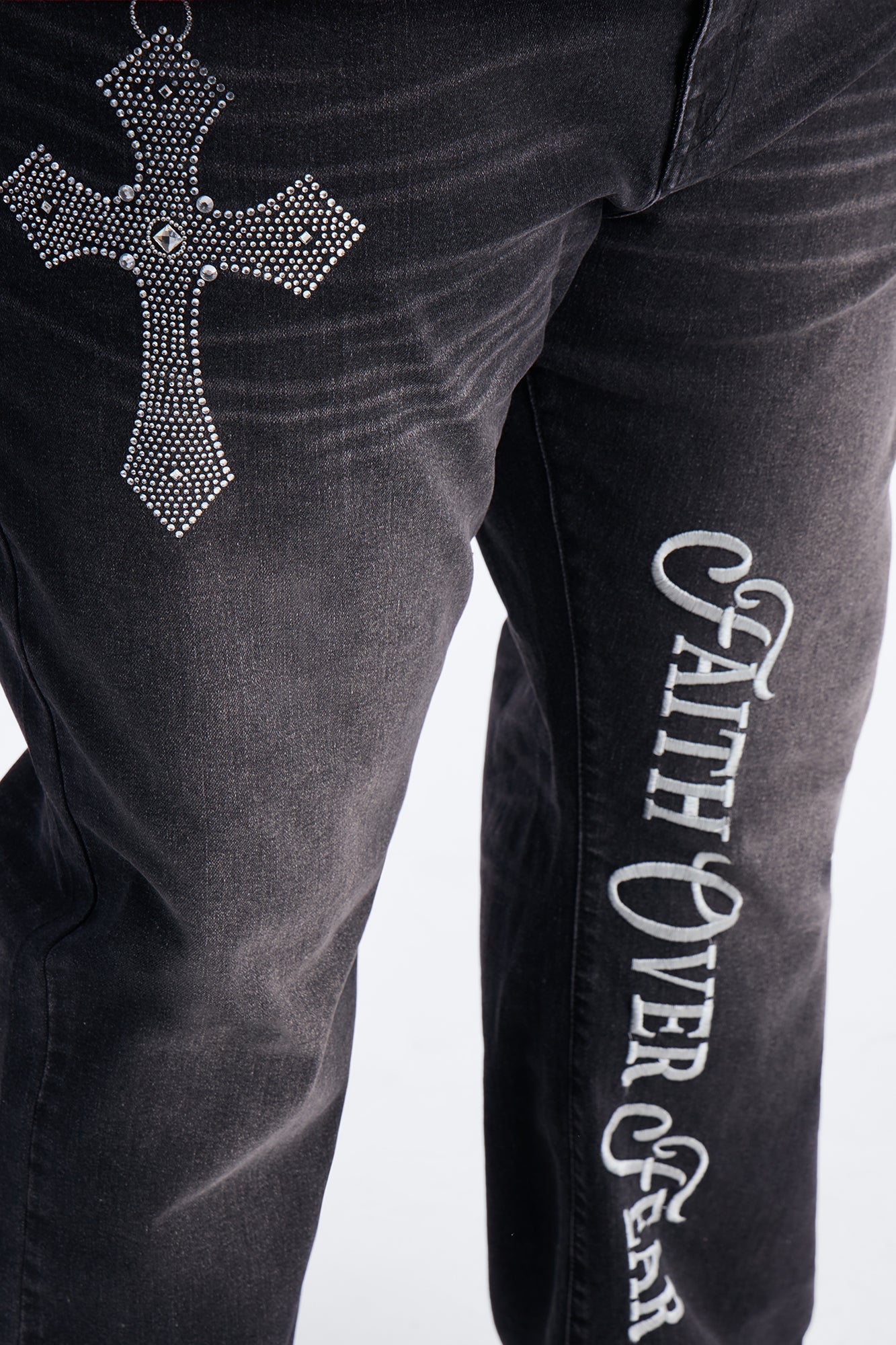 Stacked Slim Flare Faith Over Fear Drip Jean - Black Wash