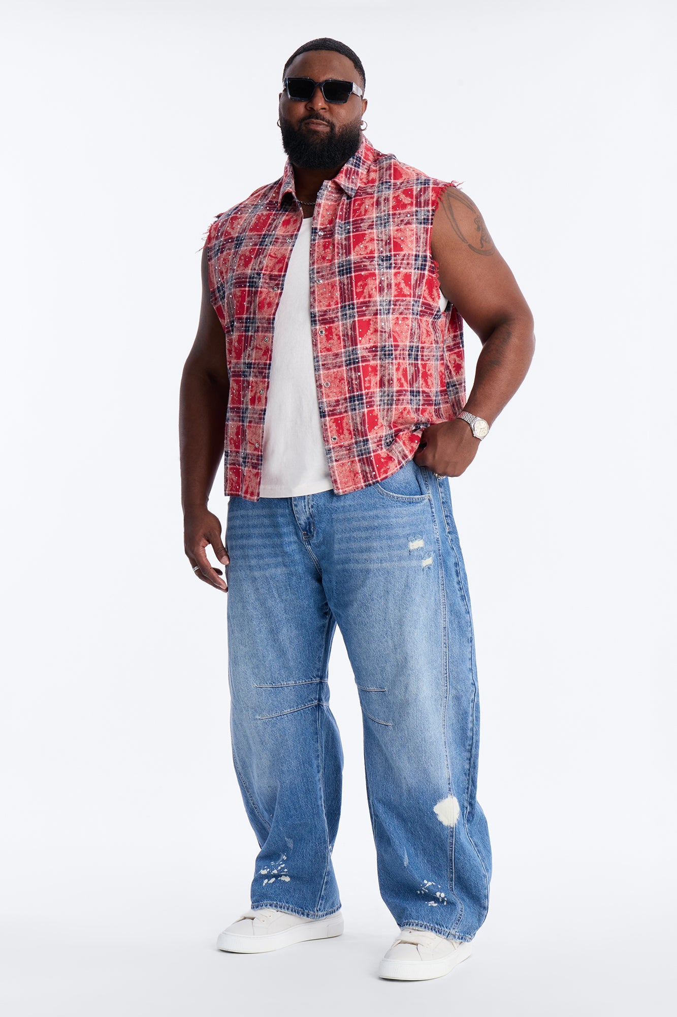 Rhinestone Rain Sleeveless Plaid Flannel - Red
