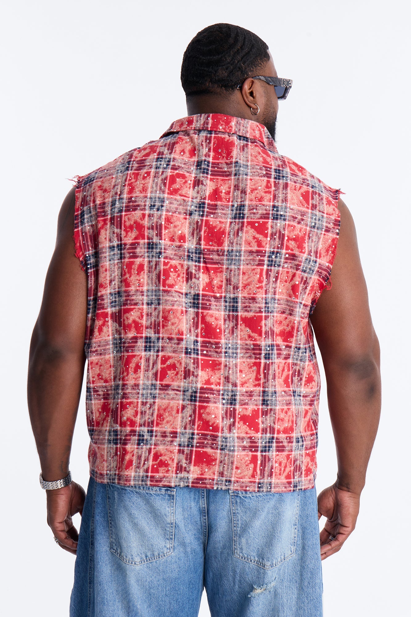 Rhinestone Rain Sleeveless Plaid Flannel - Red
