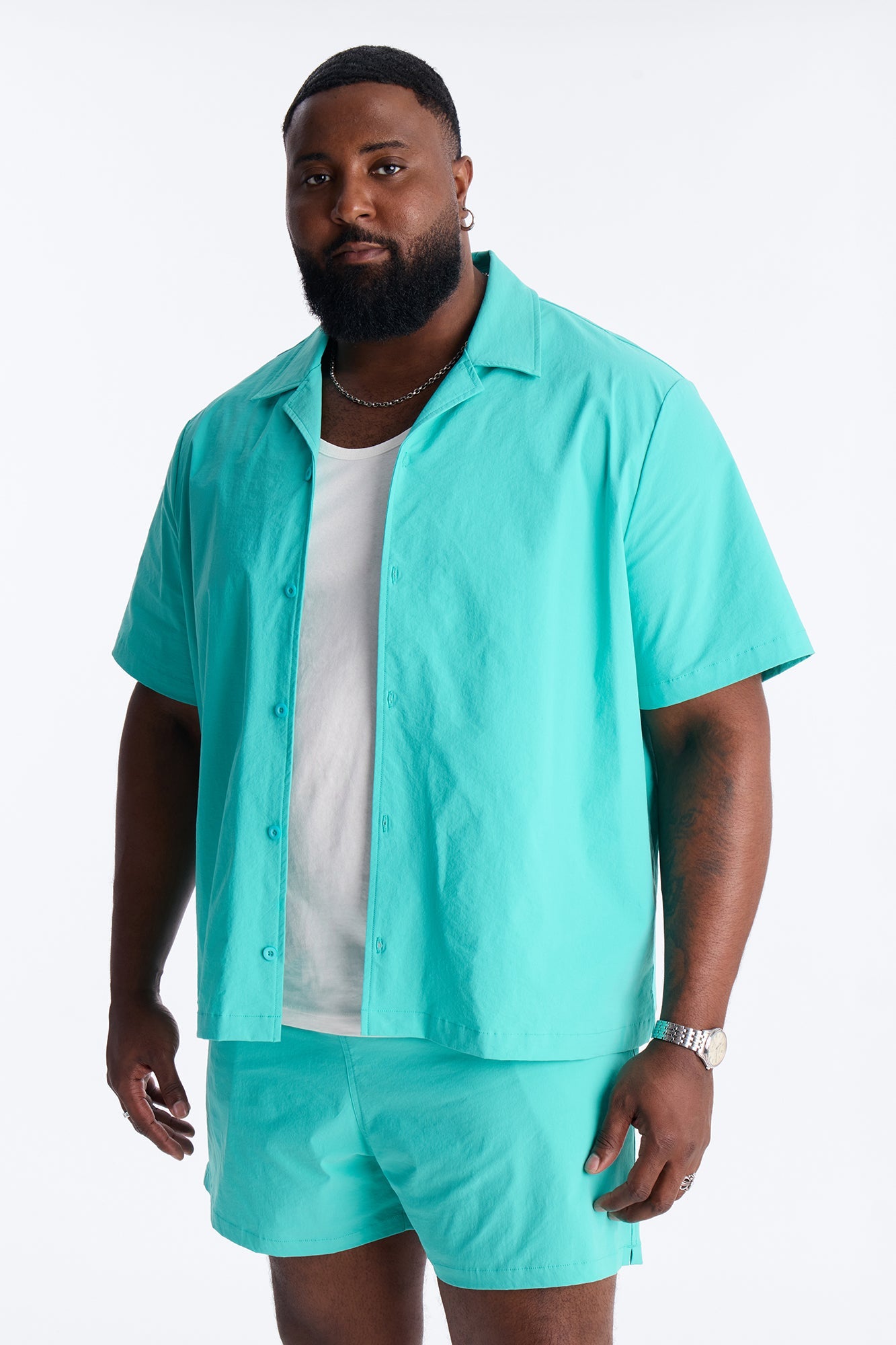 Montez Cuban Collar Button Up Shirt - Teal