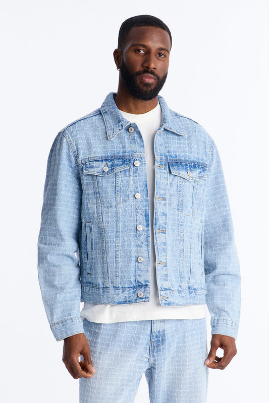 Cropped Windowpane Denim Trucker Jacket - Light Wash