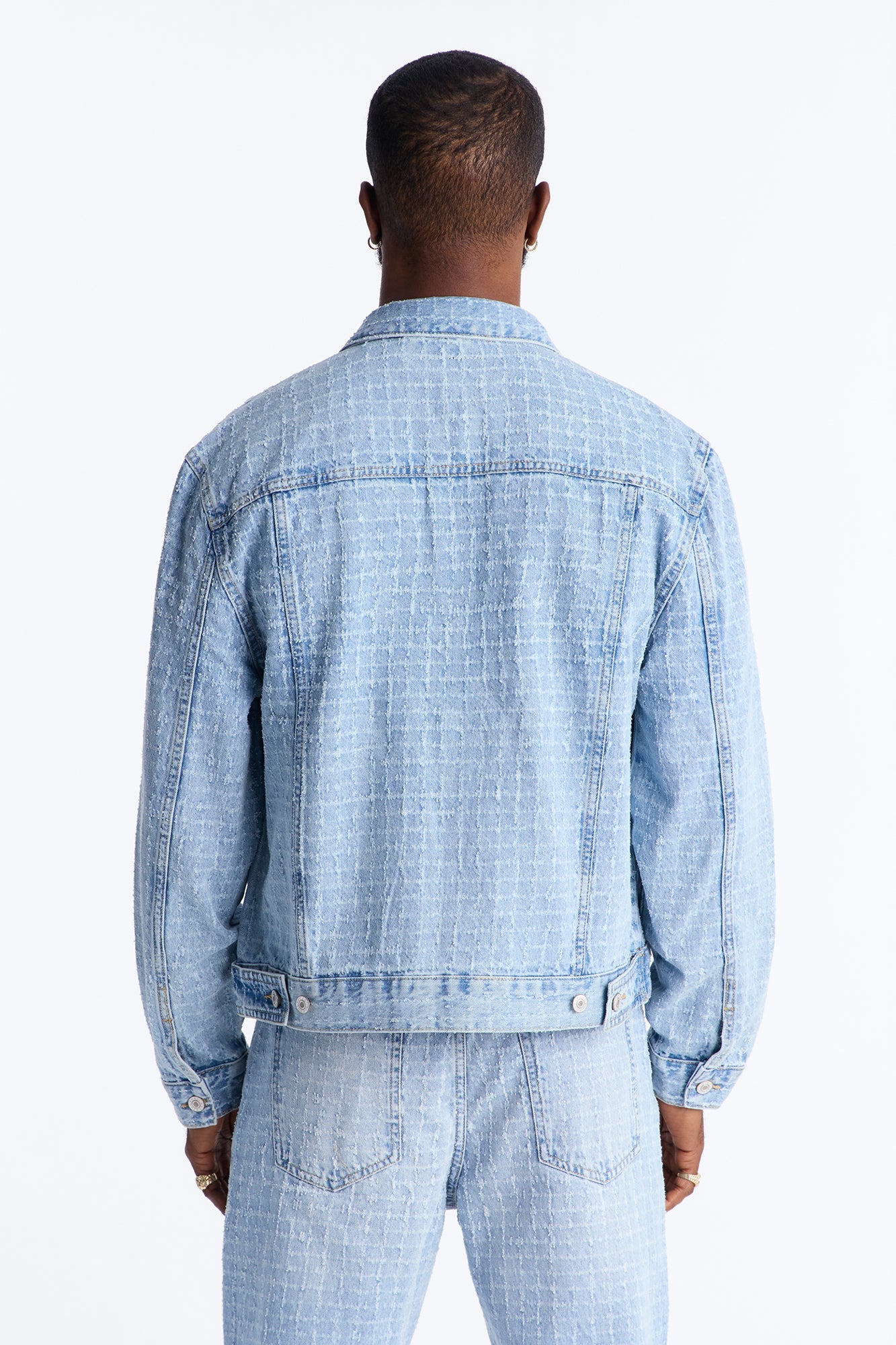 Cropped Windowpane Denim Trucker Jacket - Light Wash
