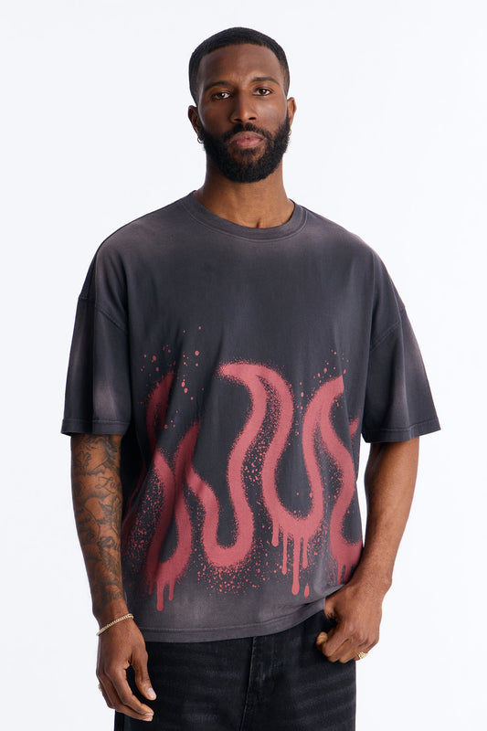 Flaming Outline Short Sleeve Tee - Black