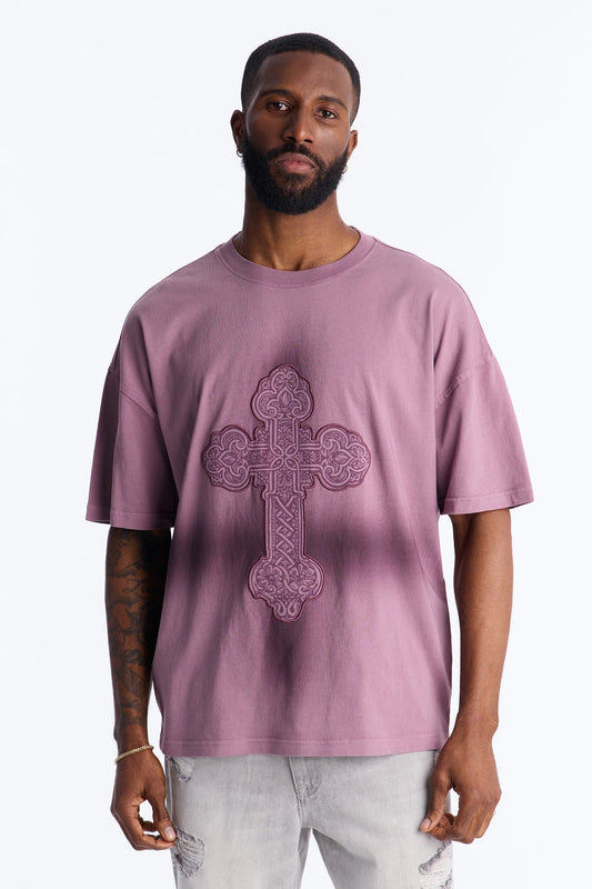 Cross Shadow Patch Short Sleeve Tee - Purple