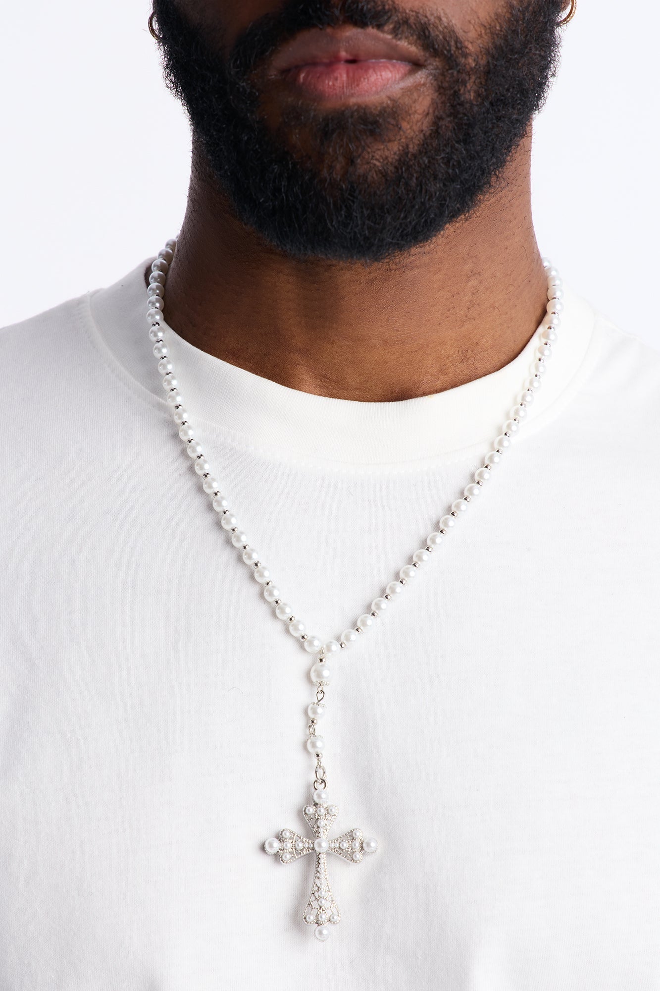 Rosary Pearl Cross Pendant Necklace - Silver