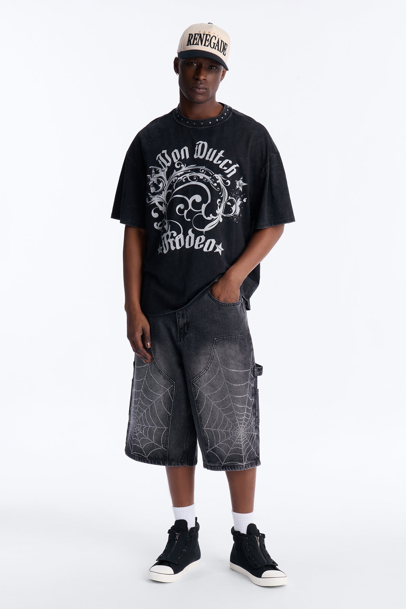 Baggy Jeweled Web Carpenter Denim Short - Black Wash