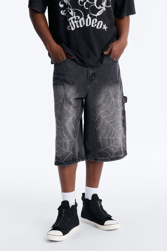 Baggy Jeweled Web Carpenter Denim Short - Black Wash