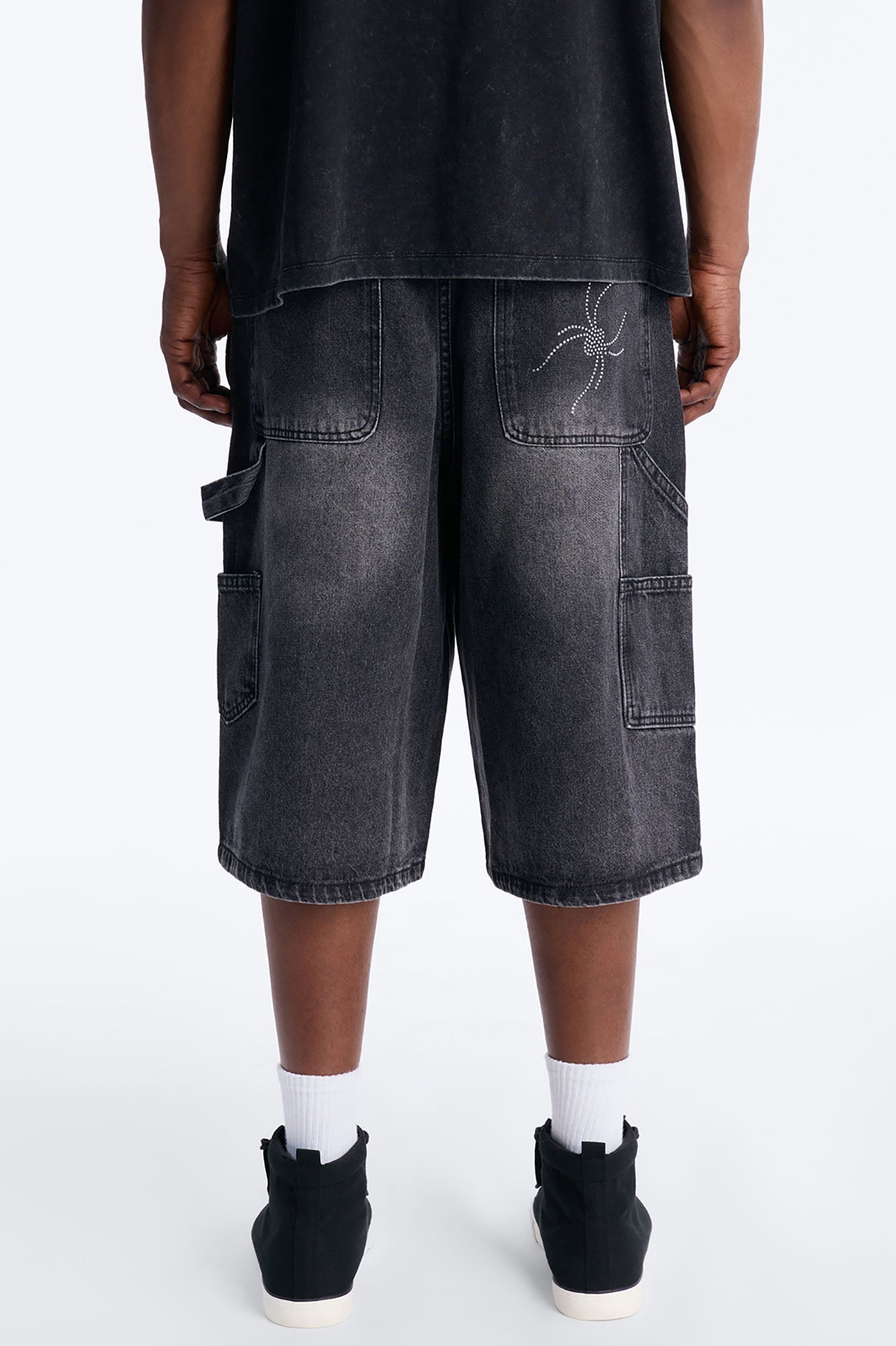 Baggy Jeweled Web Carpenter Denim Short - Black Wash