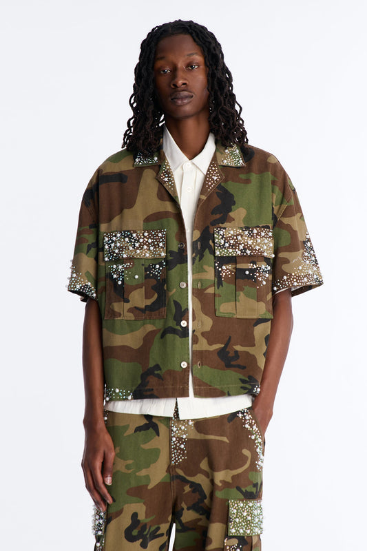 Cropped Pearl World Embellished Shirt - Camouflage