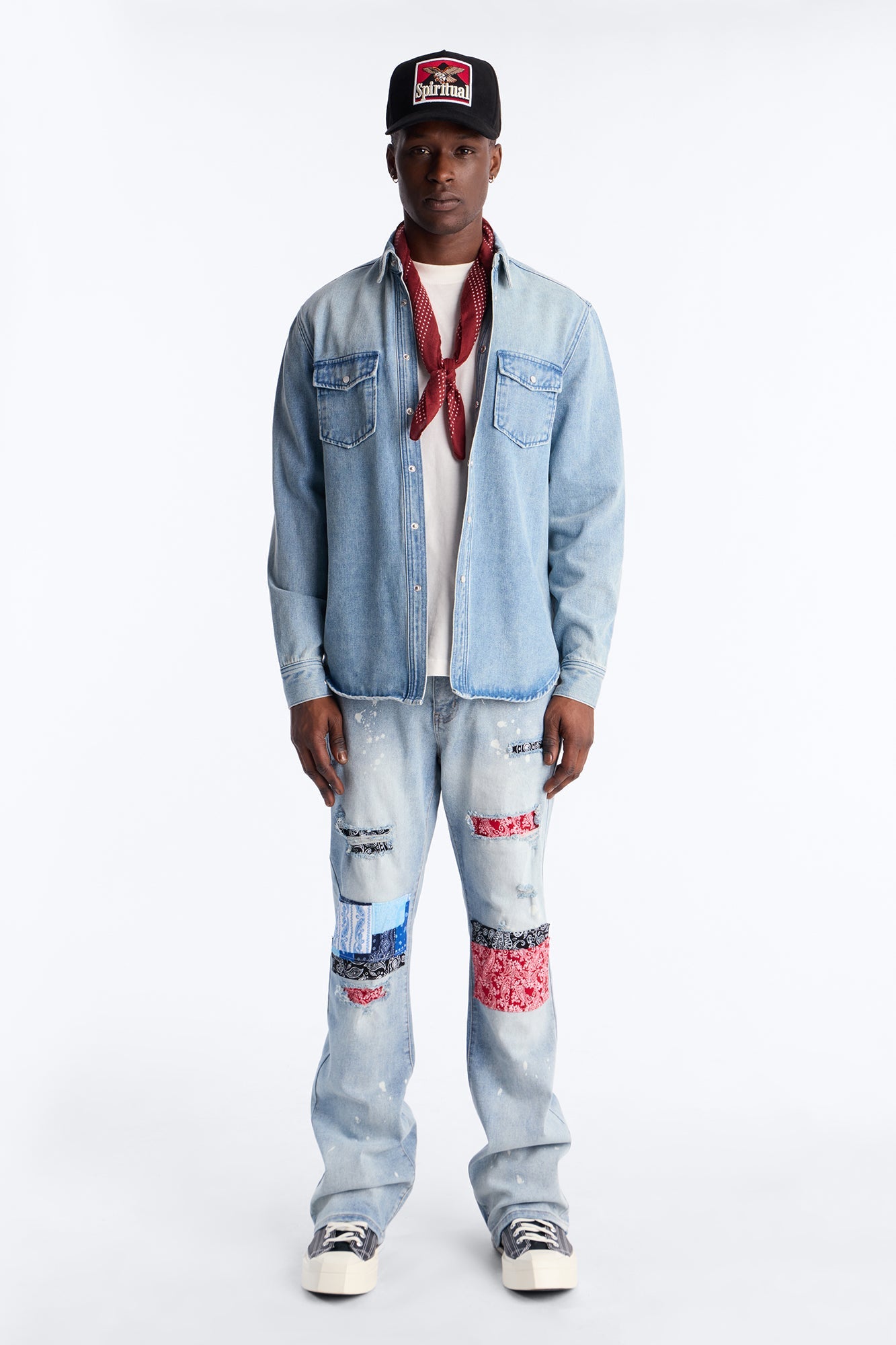 Stacked Skinny Flare Paisley Jungle Jean - Medium Blue Wash