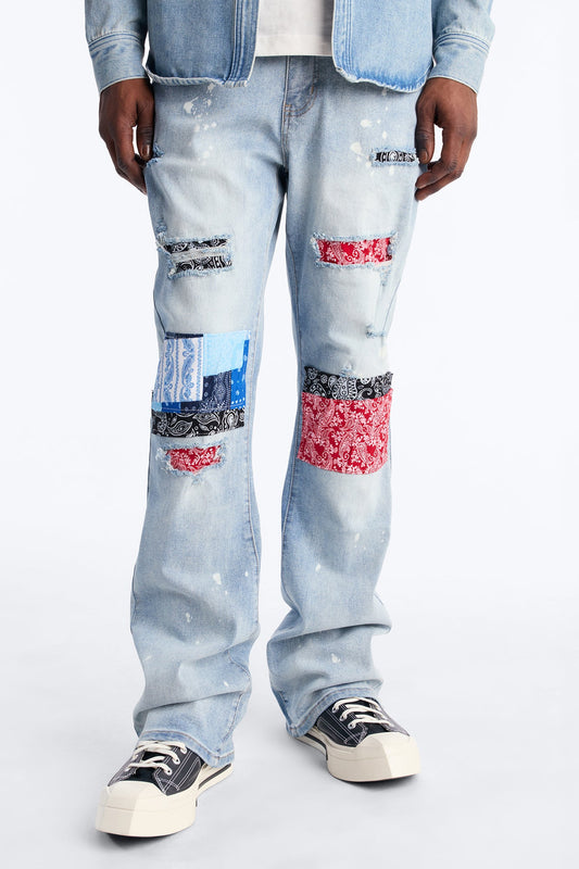 Stacked Skinny Flare Paisley Jungle Jean - Medium Blue Wash