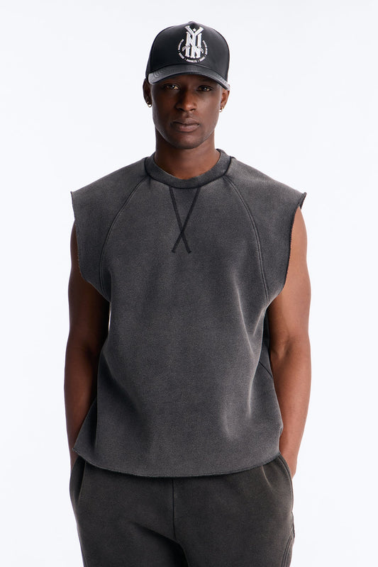 Washed Raw Edge Relaxed Muscle Tee - Black Wash