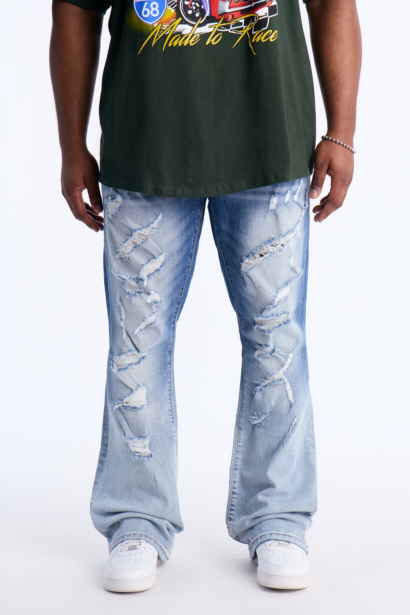 Stacked Skinny Flare Up And Destroyed Jean - Light Blue Wash
