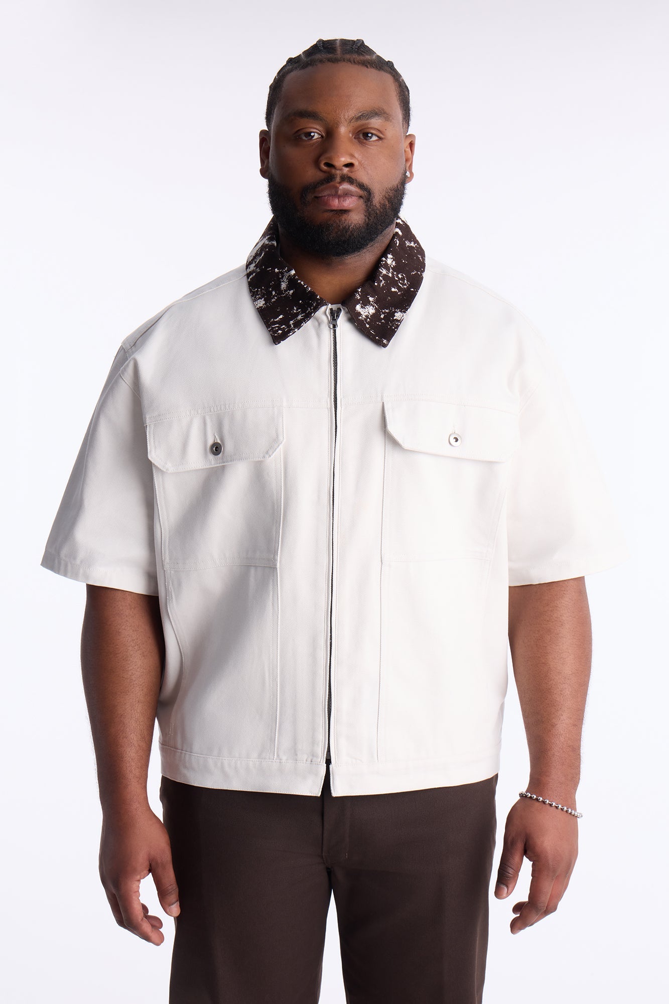 Canon Contrast Collar Zip Up Shirt - White