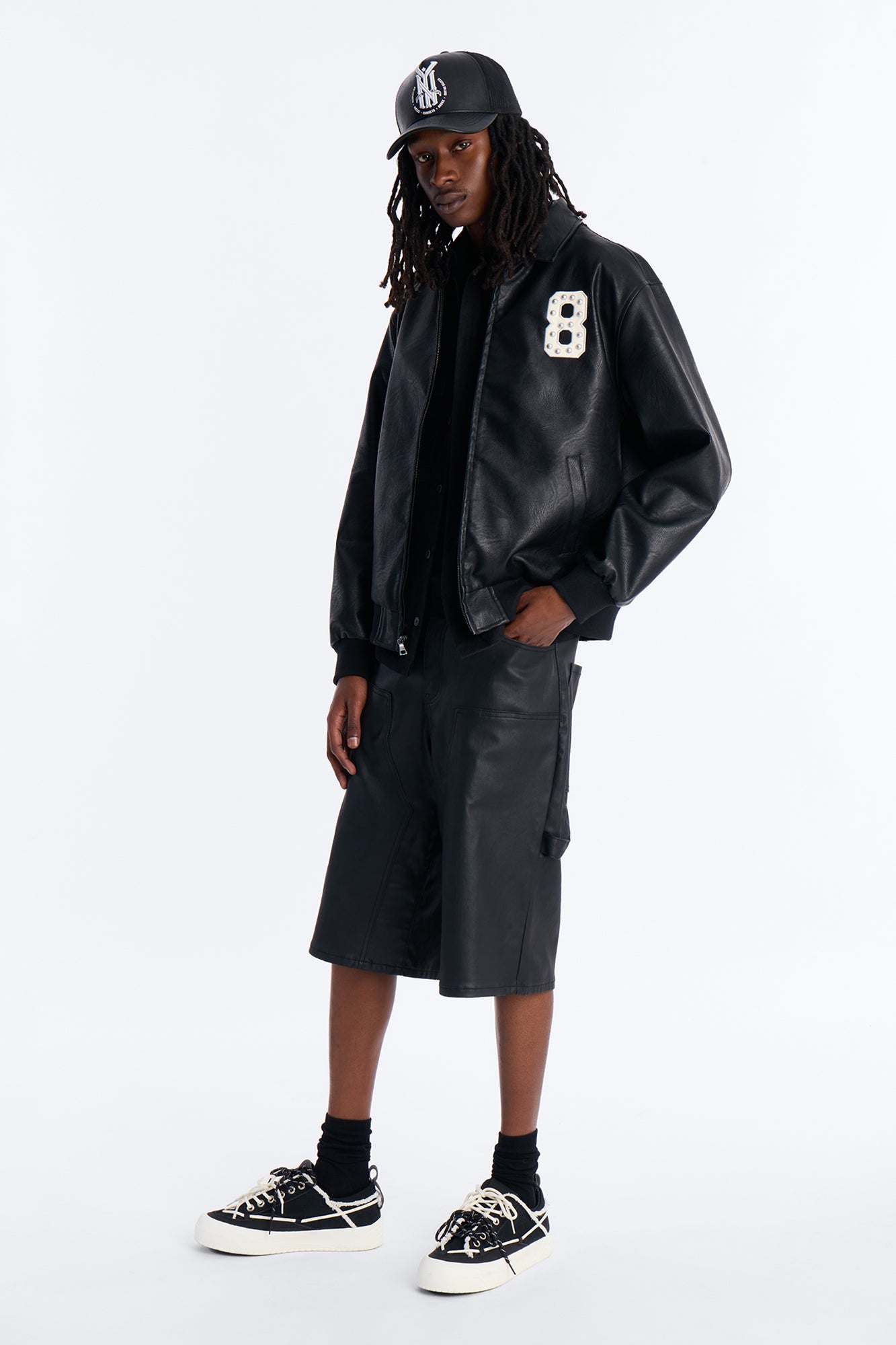 Crimson Blessed Faux Leather Studded Bomber Jacket - Black