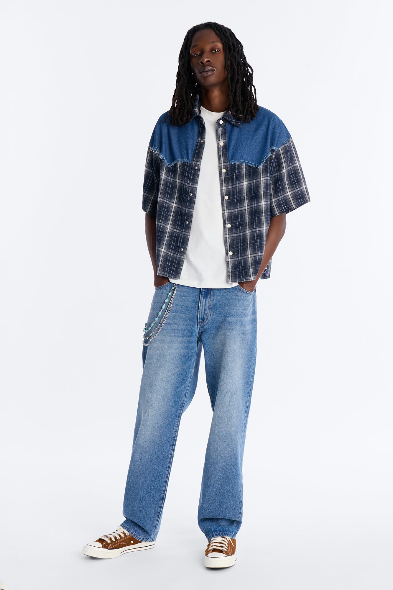 Sundown Mixed Media Button Up Shirt - Black